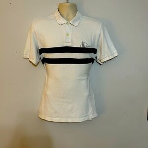 Chaps size medium white black stripes polo two button short sleeve shirt
